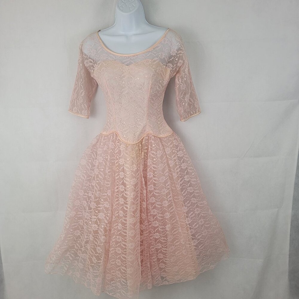 LORRIE DEB Womens Dress SMALL? (7) 1950s Tea Length Cocktail PINK Lace A Line